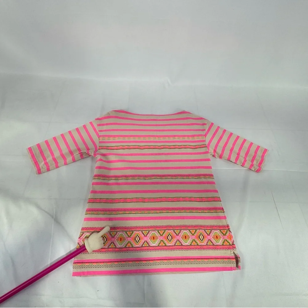 J. Crew XS neon pink stripe bohemian embroidered accent 3/4 sleeve top - Picture 12 of 13